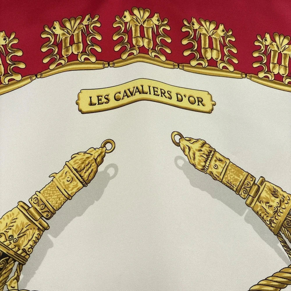 Hermes Scarf Silk Red Gold Les Cavaliers D'Or Horse Print Square Carre 90 VTG